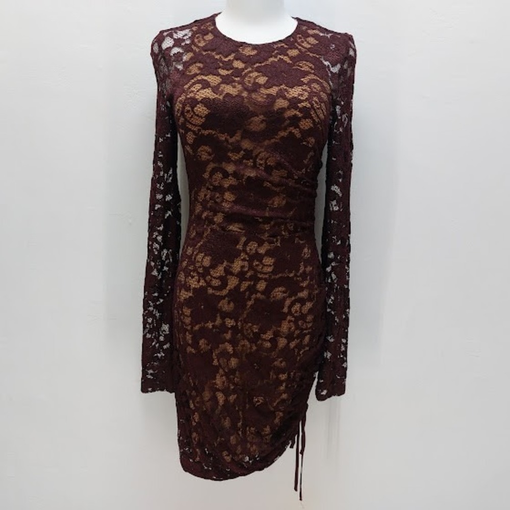 Bailey 44 Lace Mini Dress Women's Small Burgundy Ruched Long Sleeve Whimsigoth